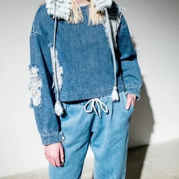 Ksenia Schnaider Designer Fall 2018 RTW Collection Distressed Denim Sweater Top - Picture 6 of 13